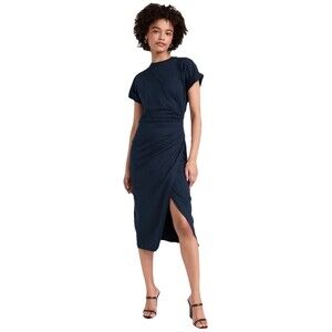 Frame Womens Faux Wrap Midi Dress XS Navy 100% Organic Cotton Retail $348